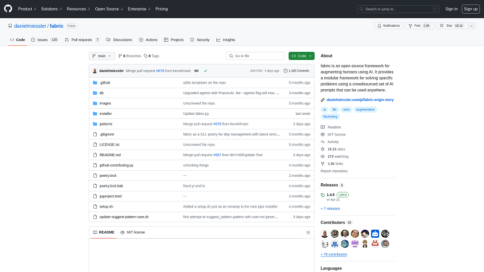 Screenshot for GitHub - danielmiessler/fabric: fabric ist ein Open-Source-Framework zur Verbesserung der menschlichen Fähigkeiten mithilfe von KI. Es bietet einen modularen Ansatz zur Lösung spezifischer Probleme unter Verwendung einer crowdsourcing-basierten Sammlung von KI-Prompts, die überall eingesetzt werden können.