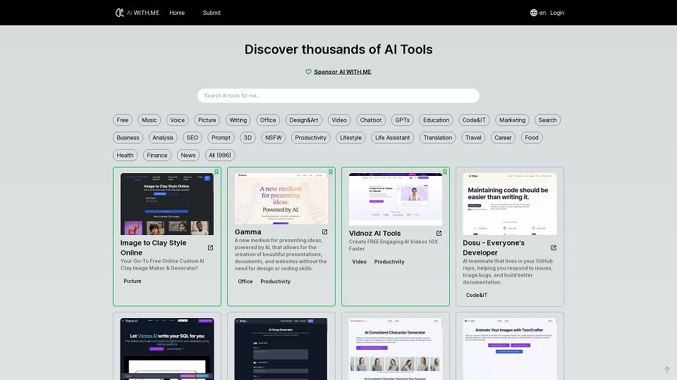 Screenshot for Discover thousands of AI tools - AI WITH.ME
