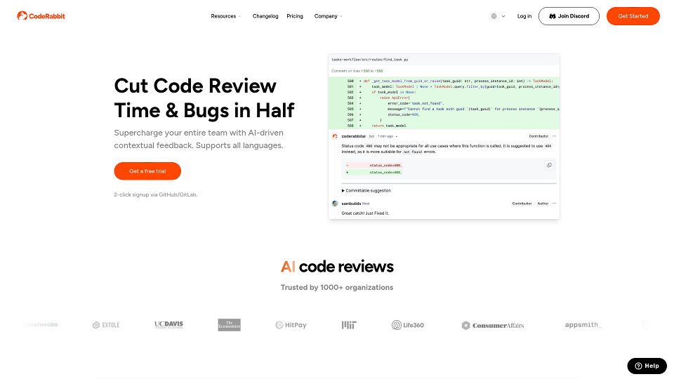 Screenshot for AI Code Reviews | CodeRabbit | Try for Free