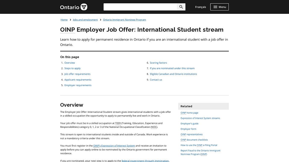 Screenshot for OINP Employer Job Offer: International Student stream | ontario.ca