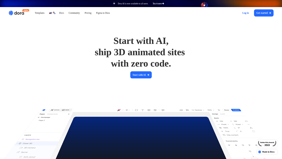 Screenshot for Dora: Start with AI, ship 3D animated websites without code