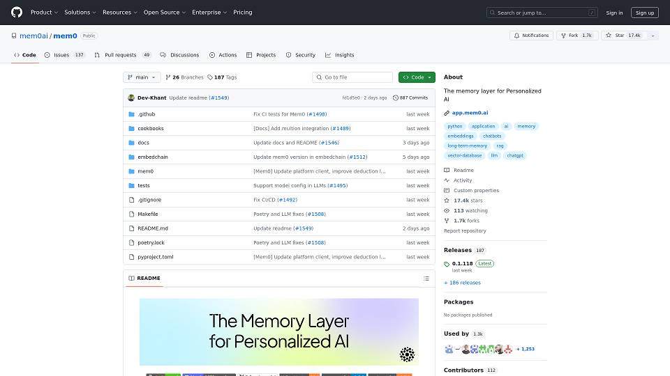 Screenshot for GitHub - mem0ai/mem0: The memory layer for Personalized AI