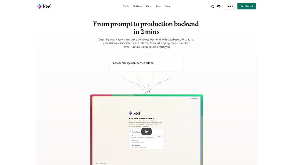 Screenshot for Keel studio - From prompt to production backend in 2 mins.